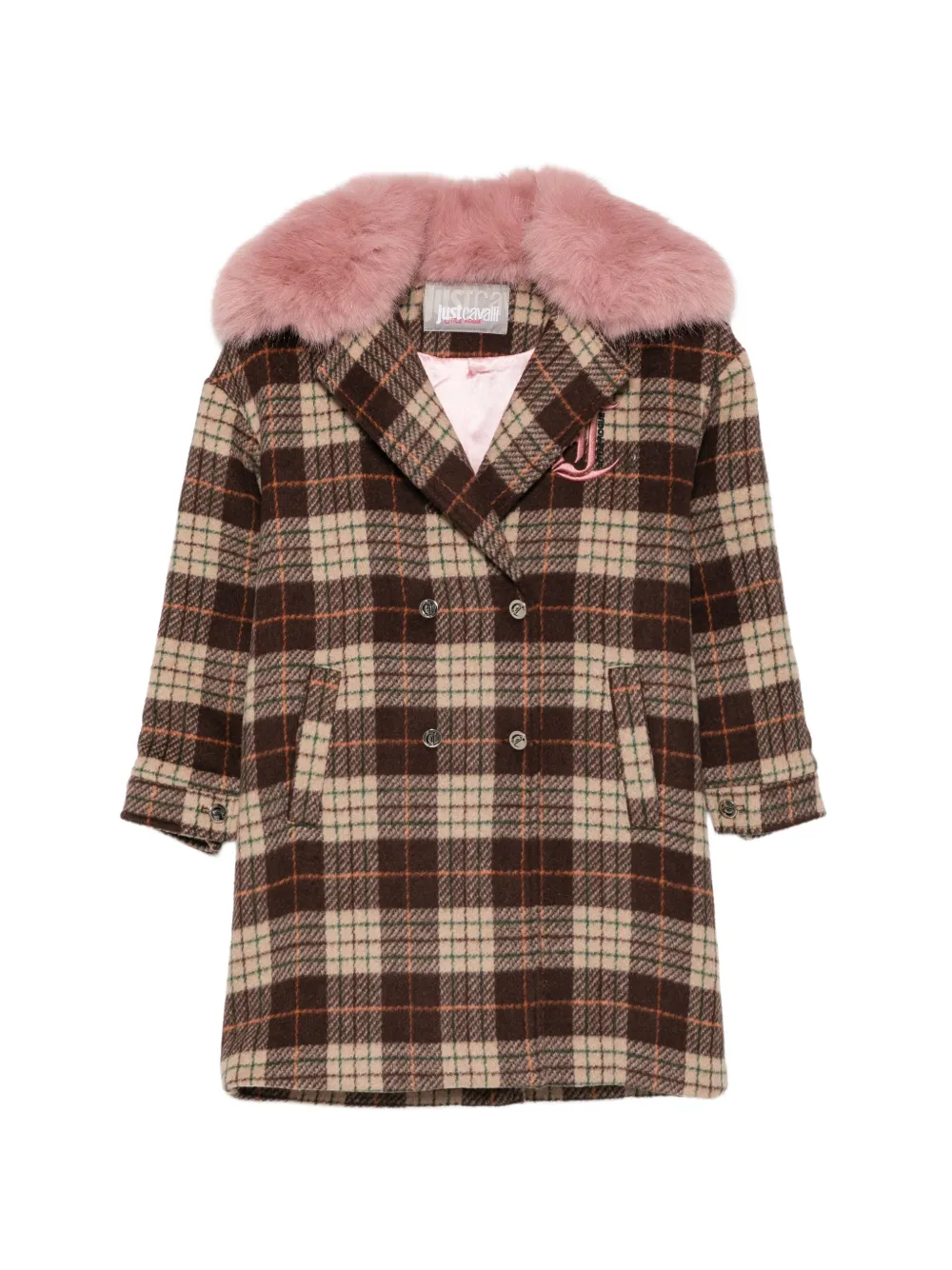 Roberto Cavalli Junior check faux-fur-trim coat - Marron Roberto Cavalli Junior check faux-fur-trim coat - Marron