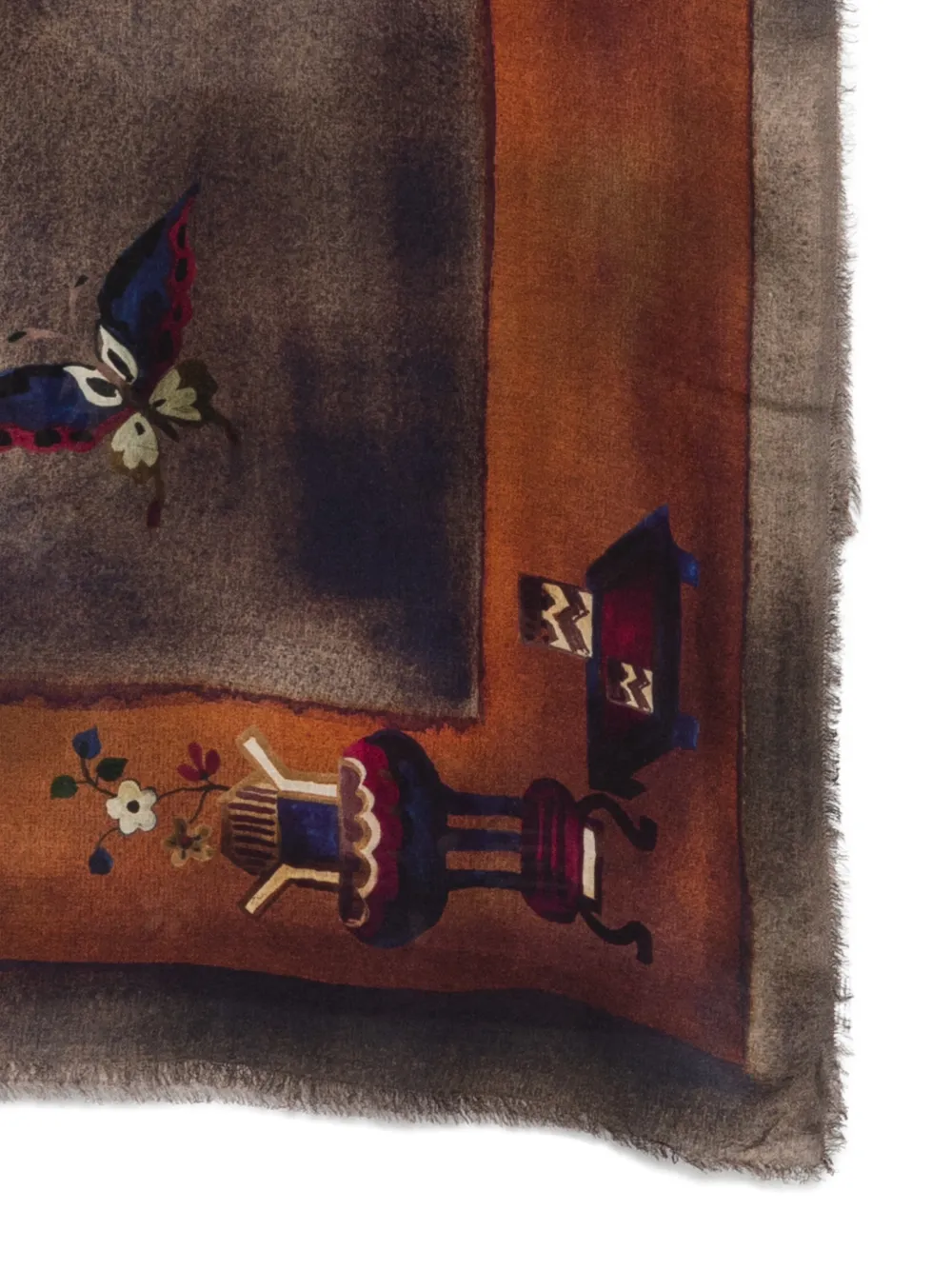 Faliero Sarti Kaki Carpet sjaal met bloemen-print en franje Bruin