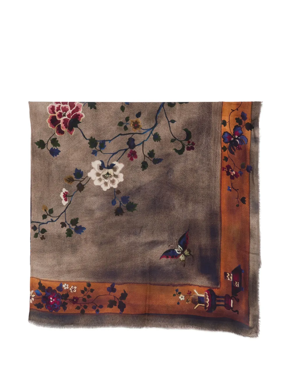 Faliero Sarti Kaki Carpet floral-print frayed scarf - Marrone
