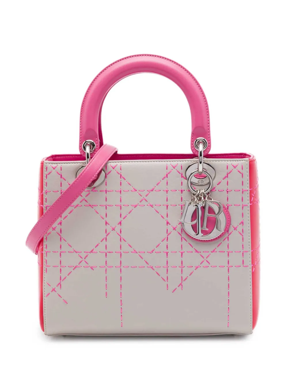 Christian Dior Pre-Owned 2014 mittelgroße dreifarbige Macrocannage Lady Dior Satchel-Tasche aus Lammleder mit Ziernähten - Grau