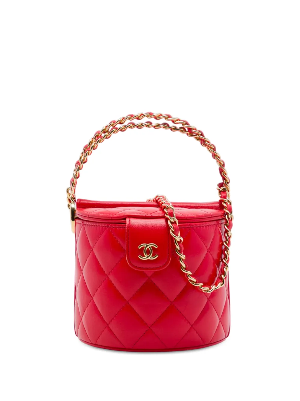 CHANEL Pre-Owned 2021-2026 CC Quilted Lambskin Top Handle Round Vanity Case with Chain satchel - Rosso
