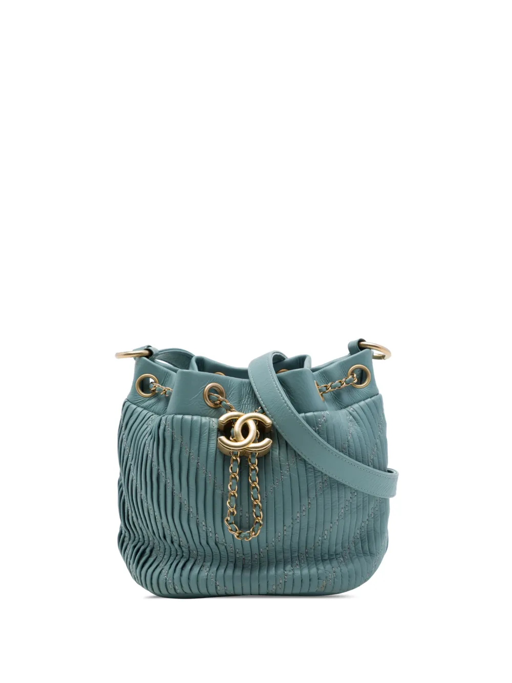 CHANEL Pre-Owned 2018 Small Crumpled Calfskin Coco Pleats Drawstring bucket bag - Blu