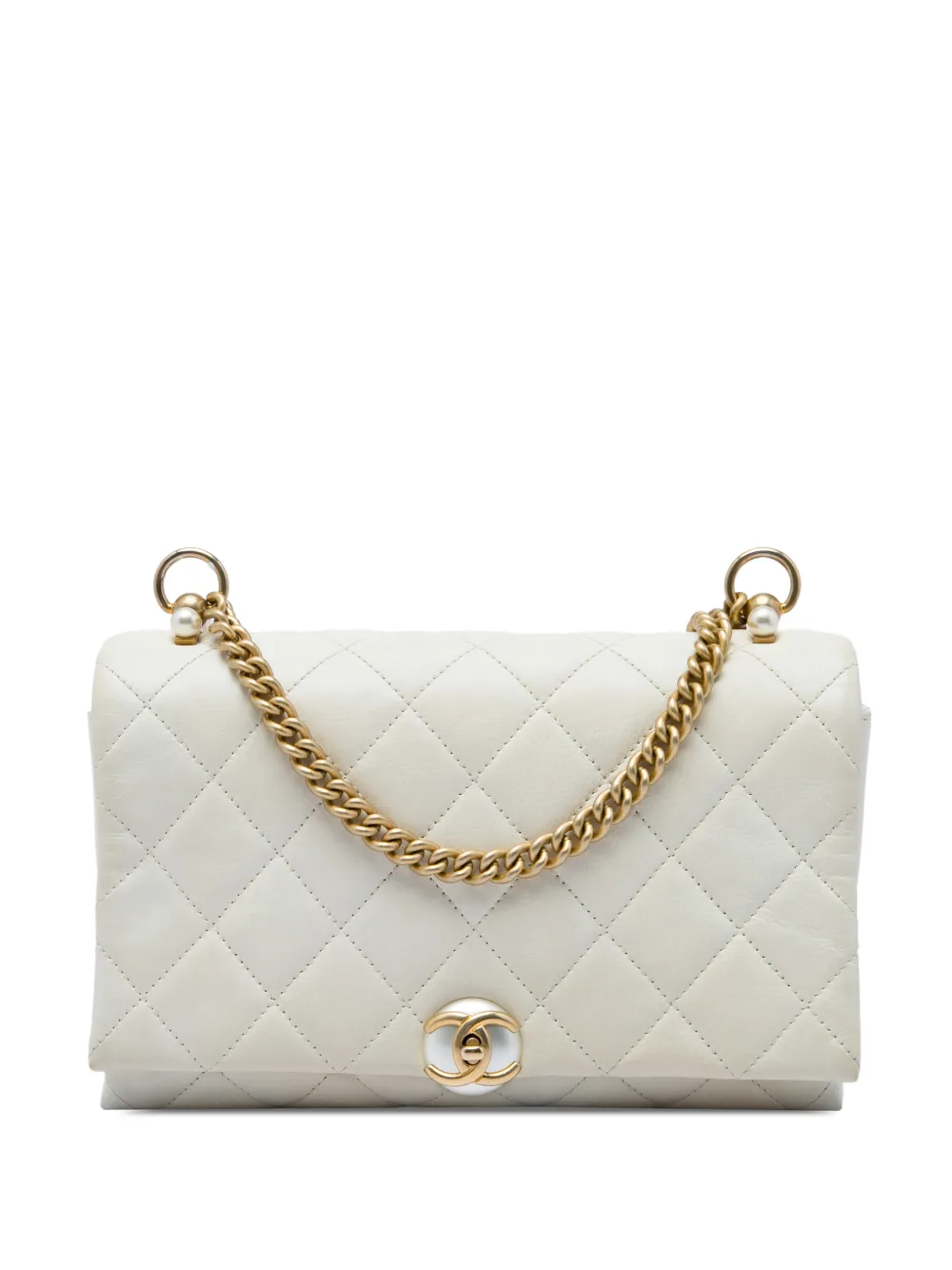 CHANEL Pre-Owned 2019 kleine CC Accordion Flap Umhängetasche aus gestepptem Kalbsleder mit Perlen - Weiß