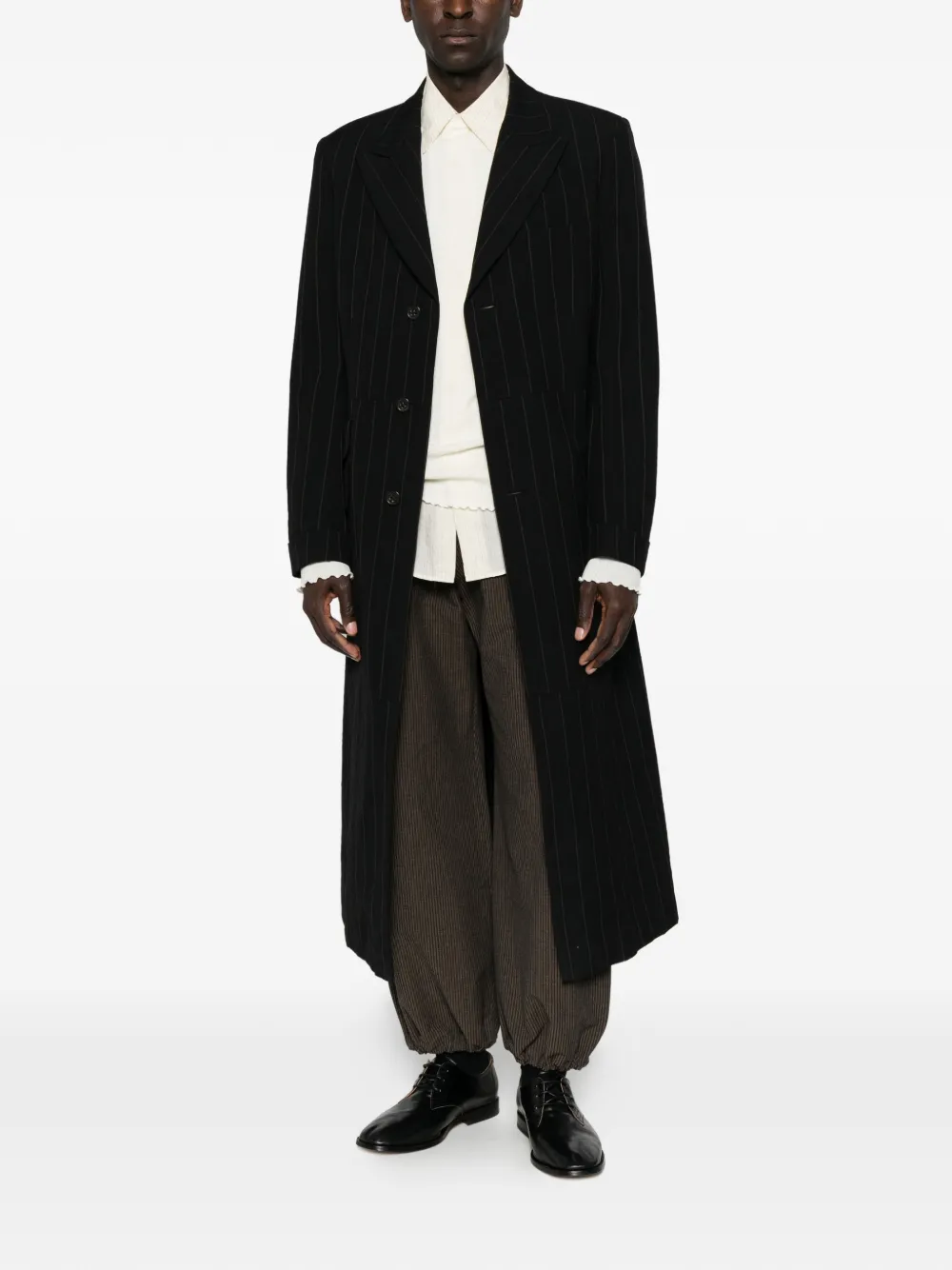 Yohji Yamamoto pinstripe-pattern notched-lapels coat Zwart