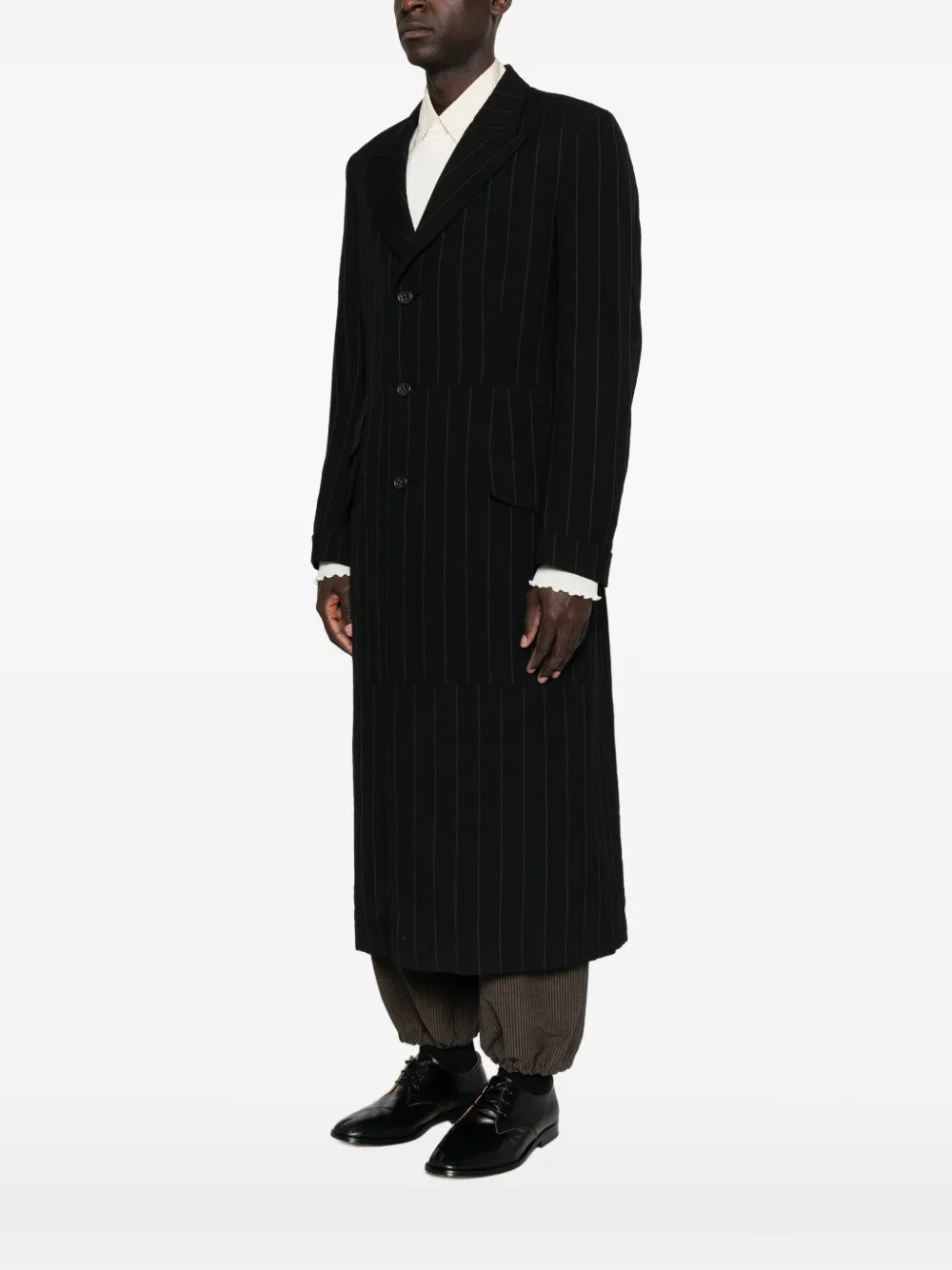 Yohji Yamamoto pinstripe-pattern notched-lapels coat Zwart