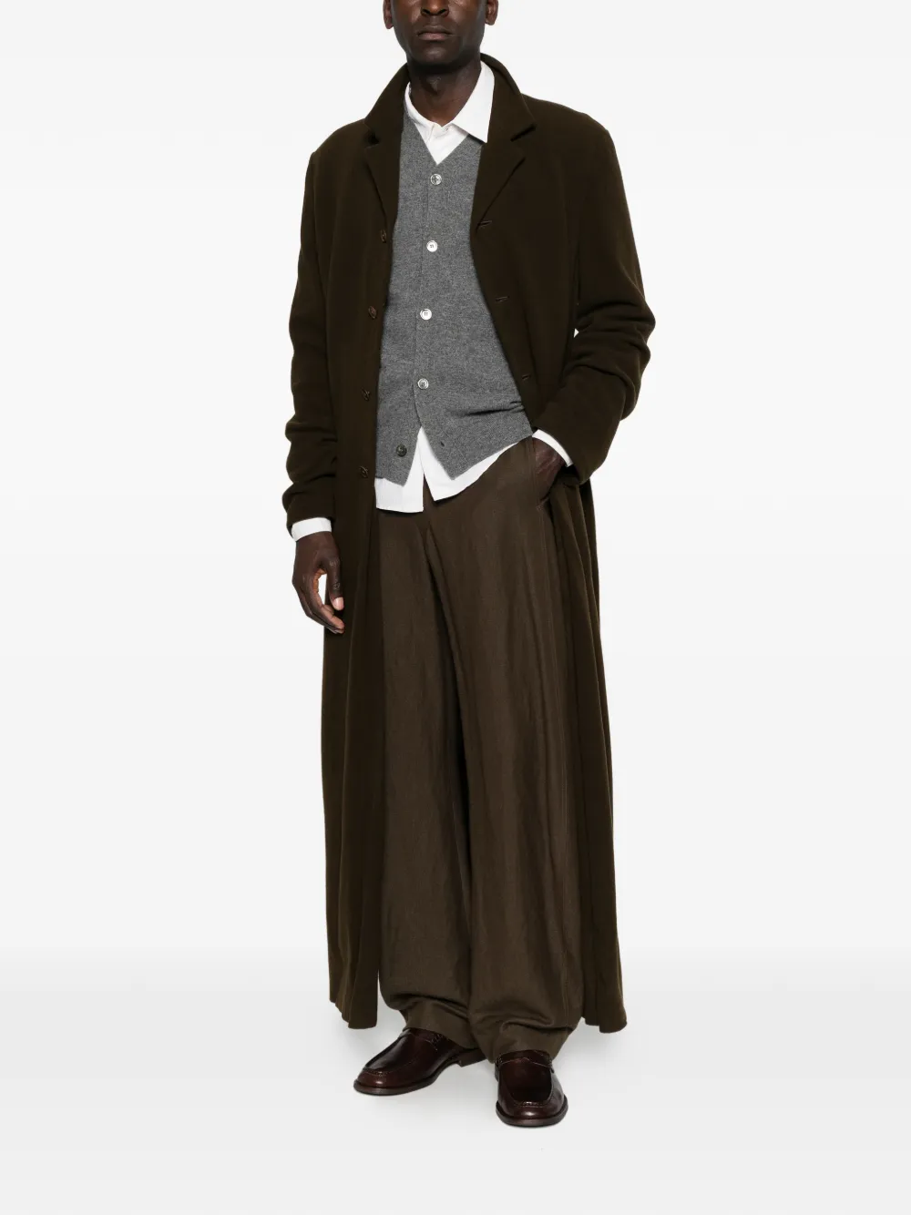 Yohji Yamamoto single-breasted notched-lapels coat Bruin