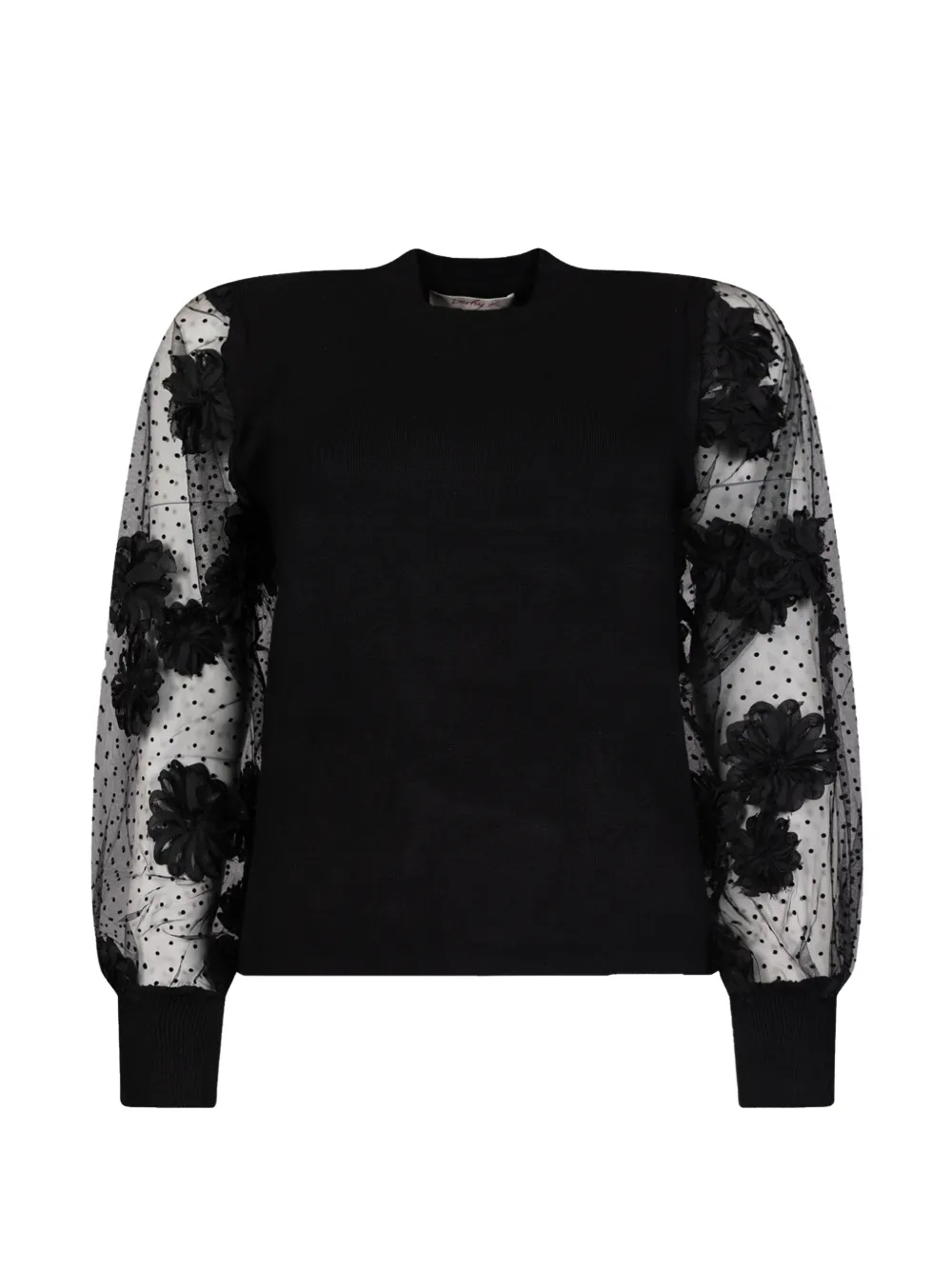 Derhy Nathea Floral-appliqué Mesh-sleeve Sweater In Black