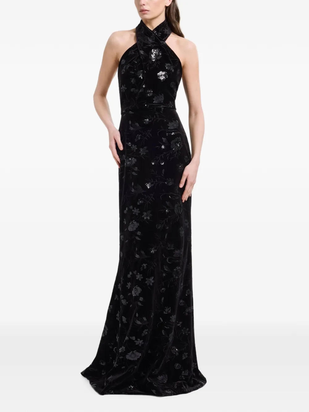 Elie Saab Maxi-jurk met halternek en borduurwerk Zwart