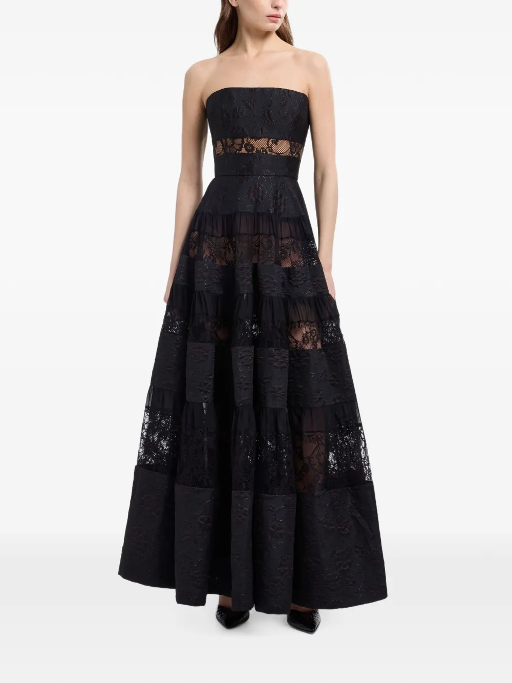 Elie Saab Maxi-jurk met vlakken van brokaatkant Zwart