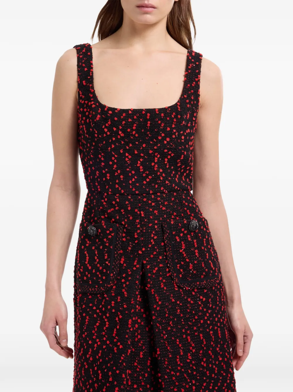 Elie Saab Gebreide tweed midi-jurk met knoopdetail Zwart