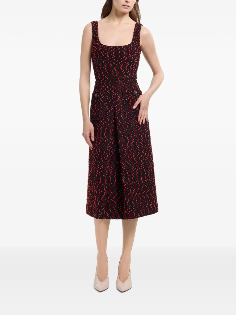 Elie Saab Gebreide tweed midi-jurk met knoopdetail Zwart
