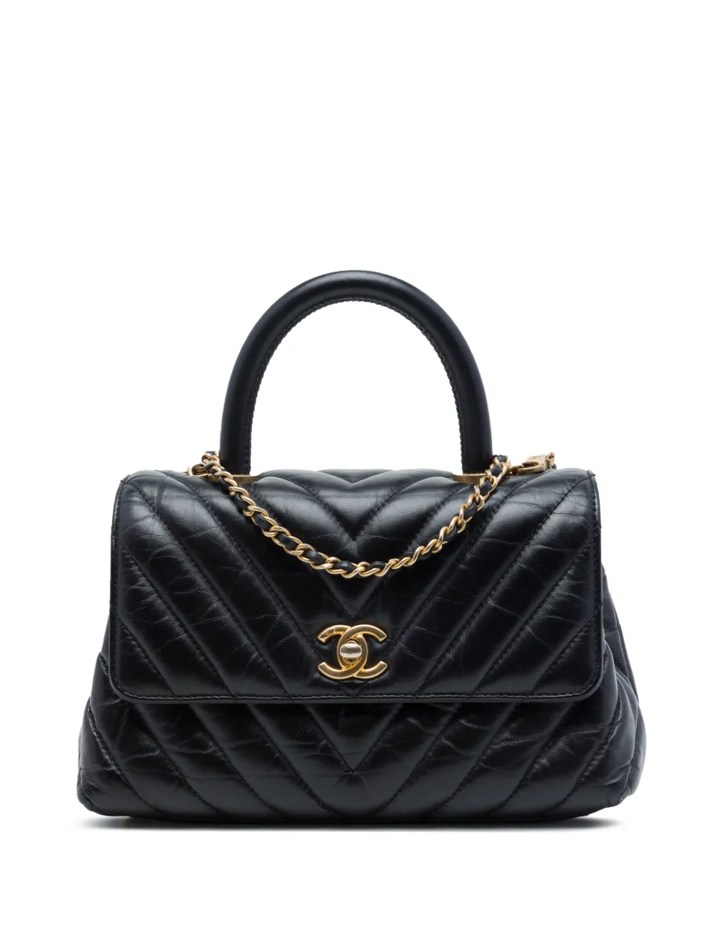 CHANEL Pre-Owned 2018-2019 Mini Chevron Aged Calfskin Coco Top Handle Bag satchel - Nero