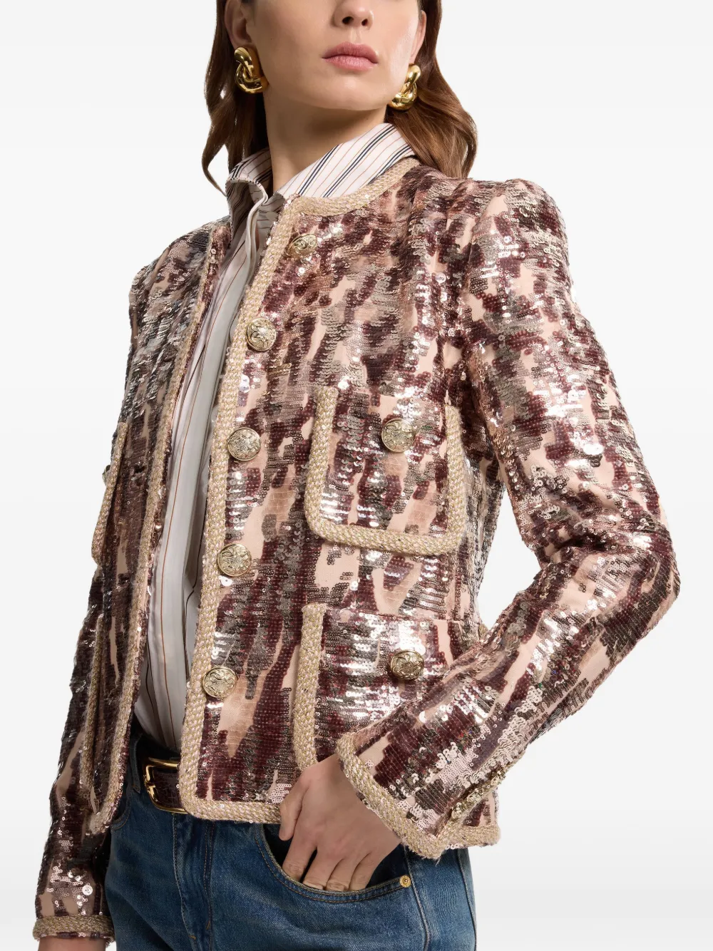 Elie Saab Tweed jack met geborduurde pailletten Beige