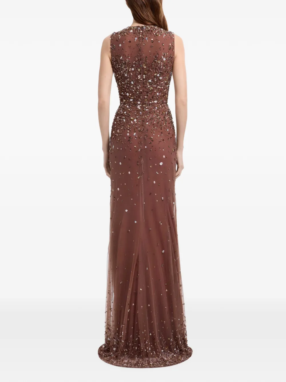 Elie Saab Maxi-jurk met geborduurde kralen en capedetail Bruin
