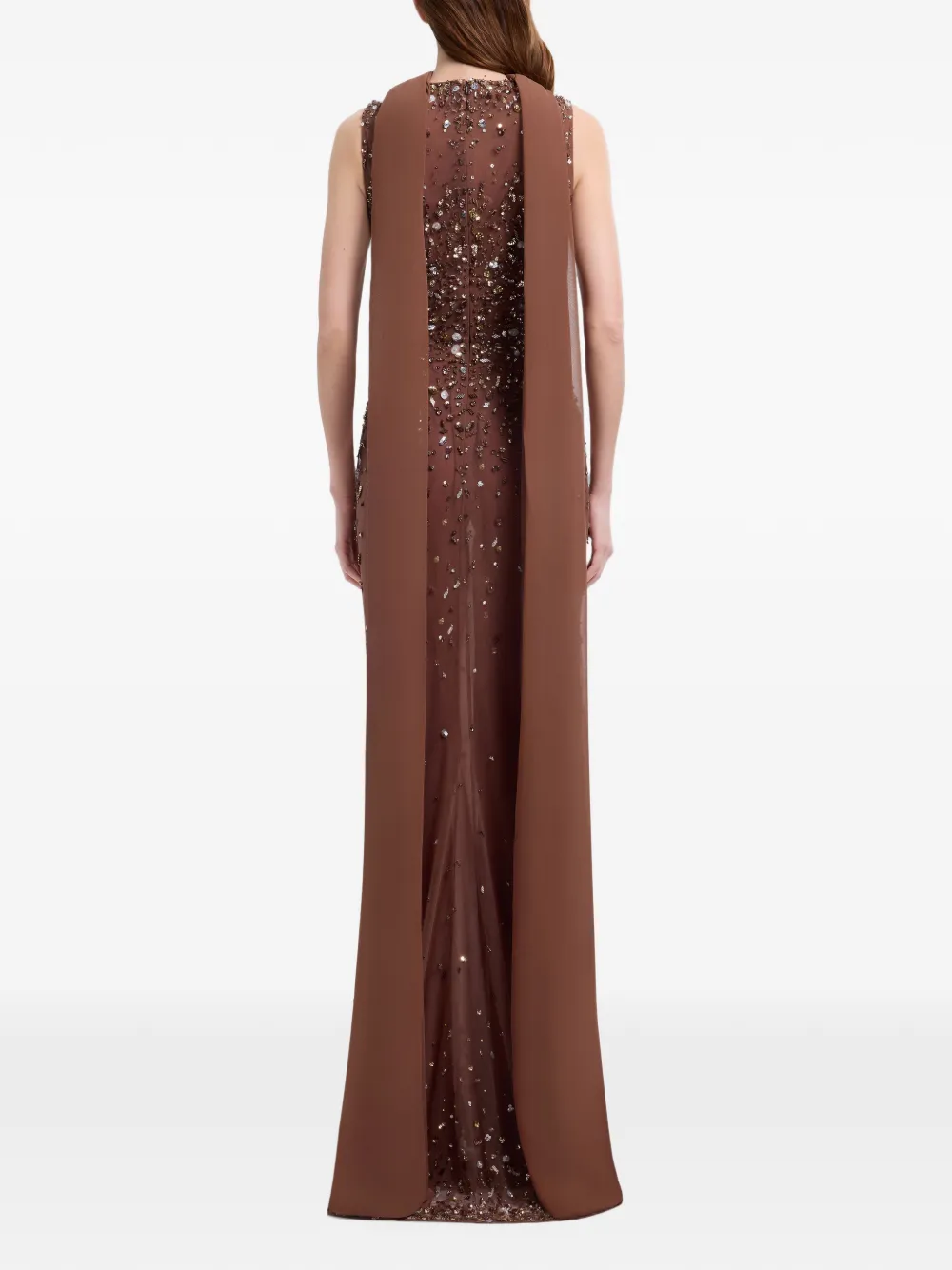 Elie Saab Maxi-jurk met geborduurde kralen en capedetail Bruin
