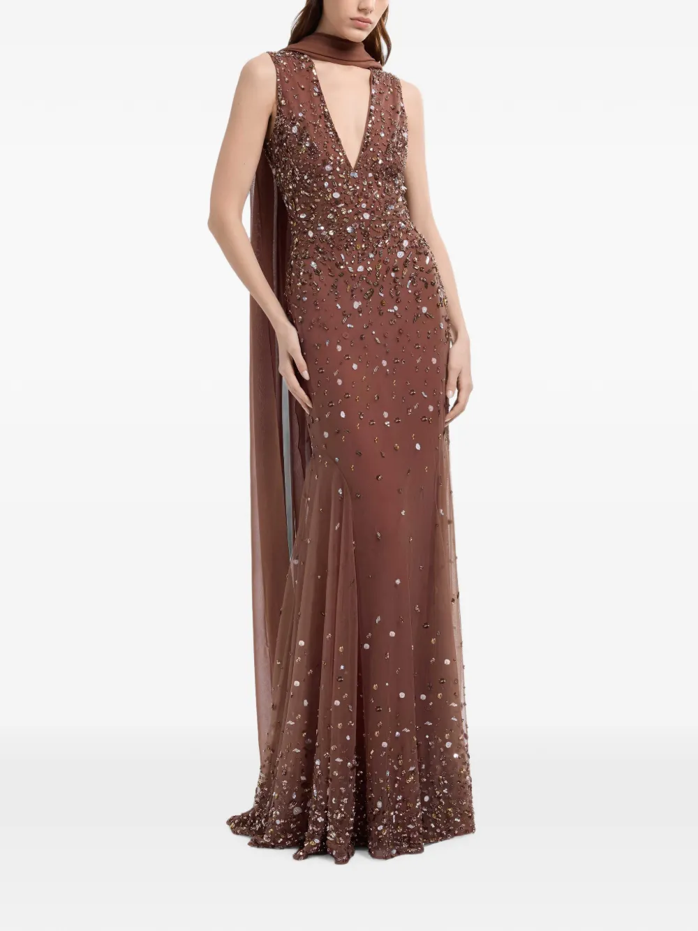 Elie Saab Maxi-jurk met geborduurde kralen en capedetail Bruin