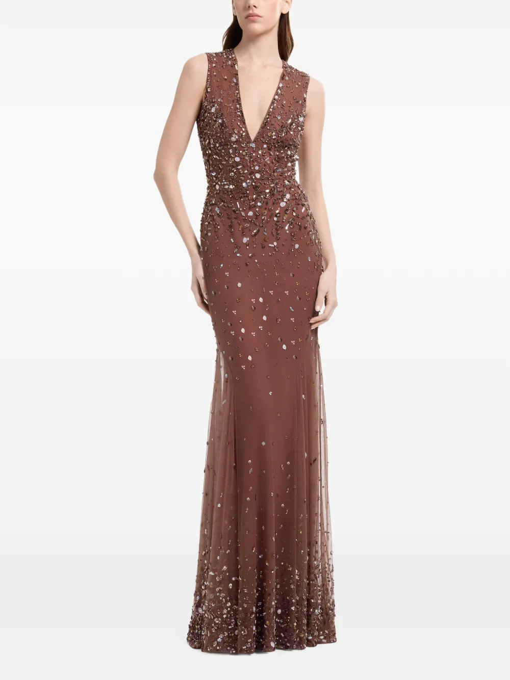 Elie Saab Maxi-jurk met geborduurde kralen en capedetail Bruin
