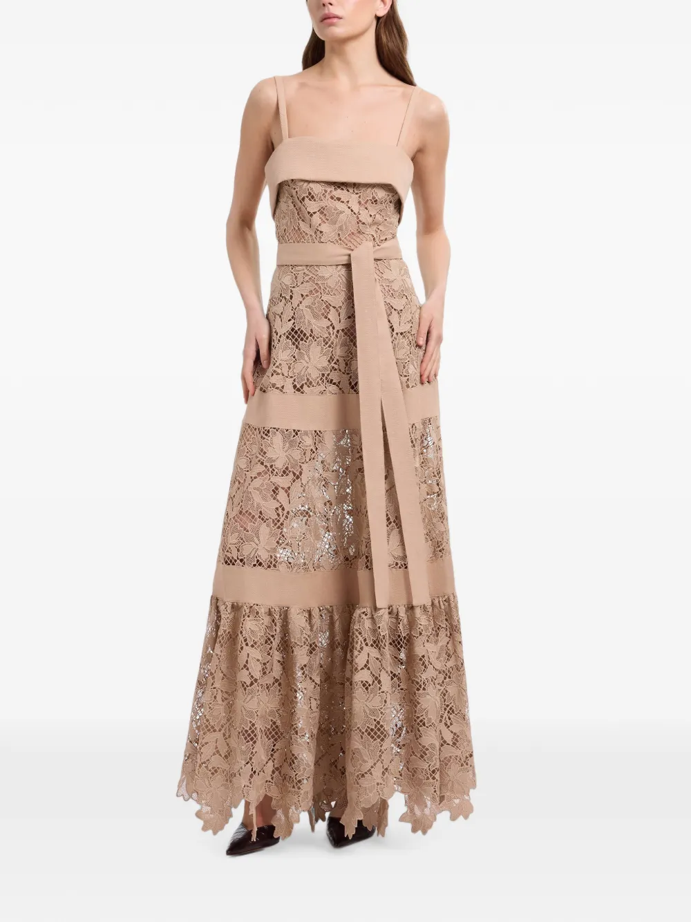 Elie Saab Macramé maxi-jurk met kant Beige