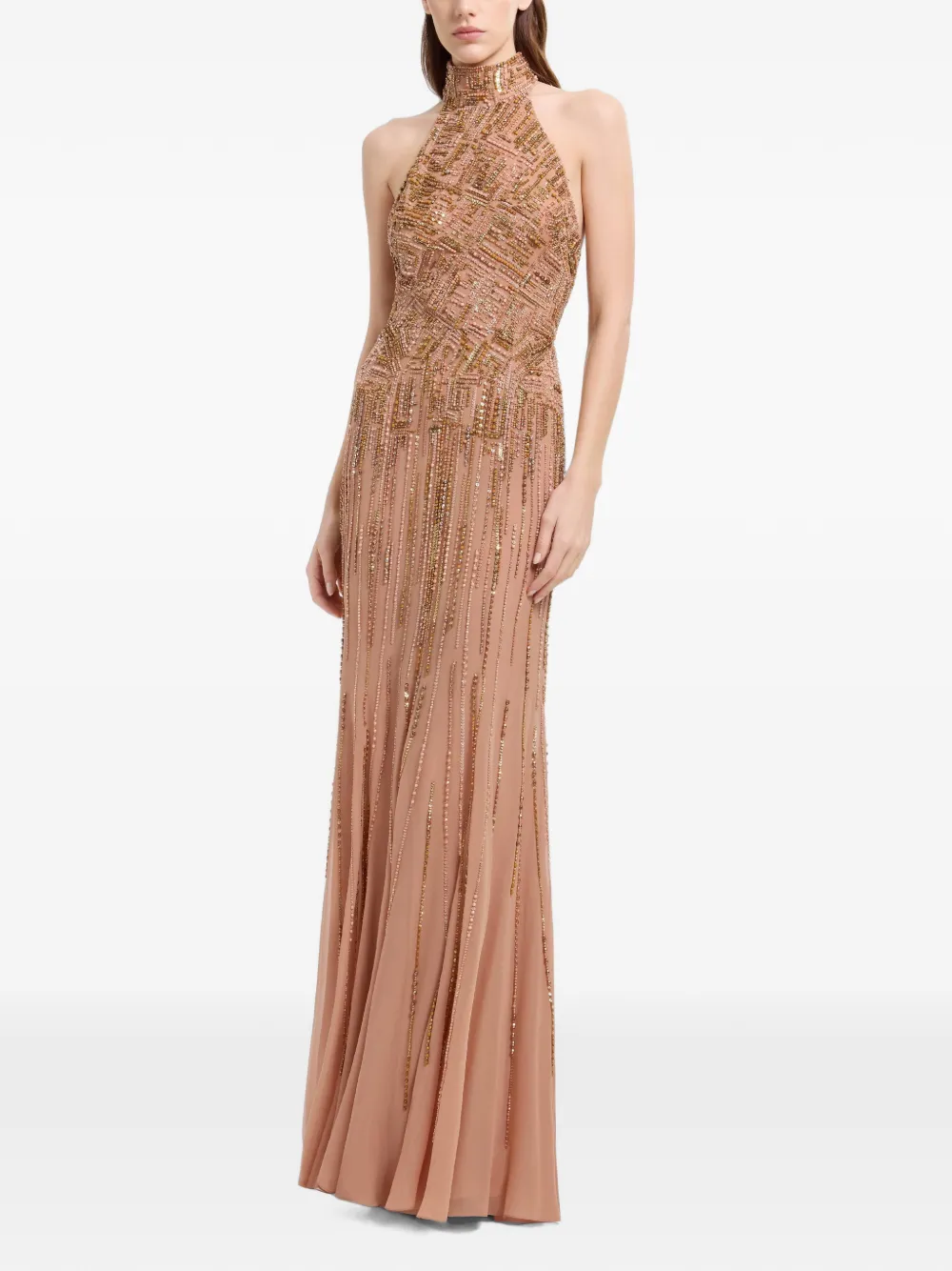Elie Saab Maxi-jurk met halternek en geborduurde kralen Beige