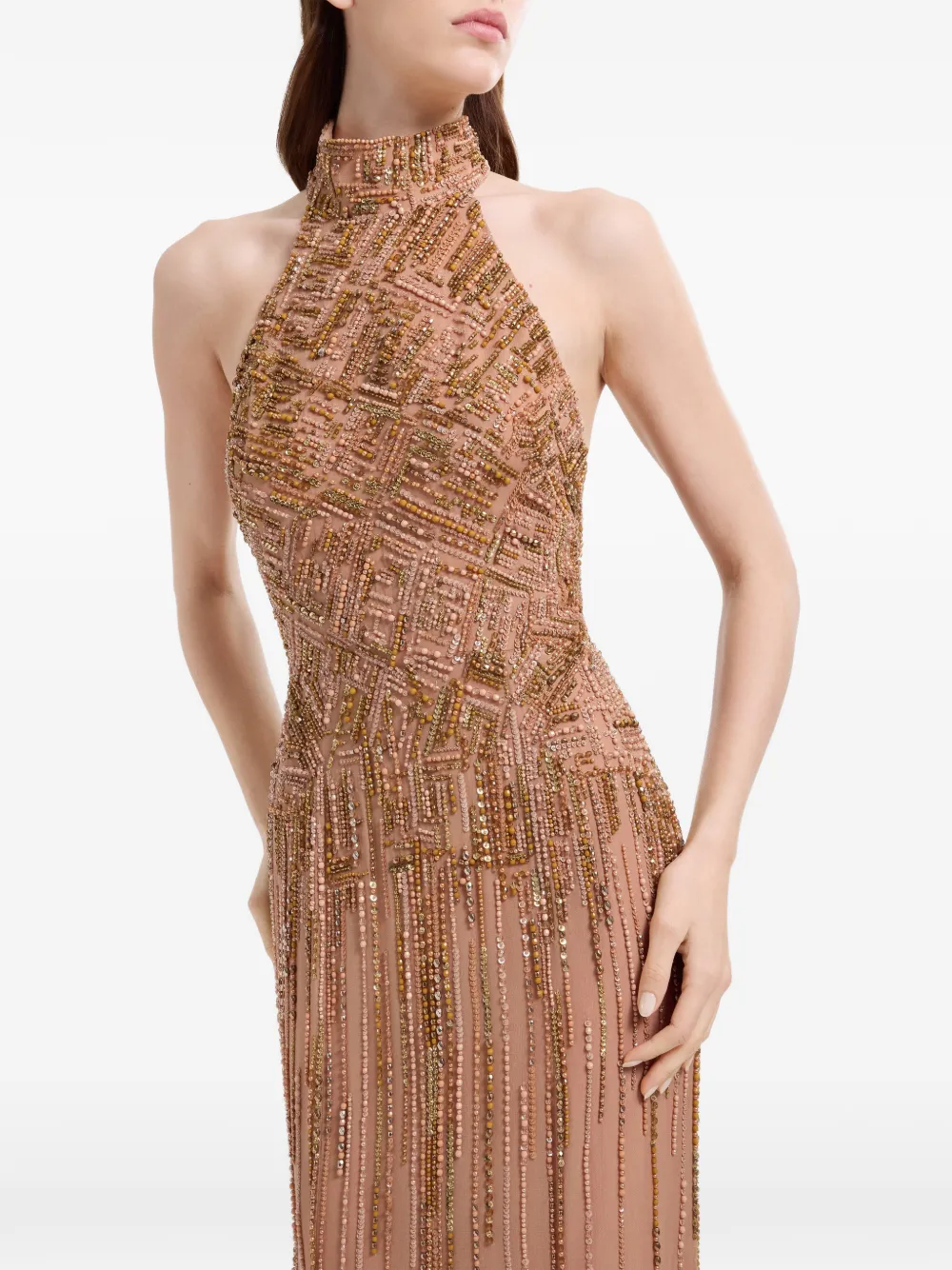 Elie Saab Maxi-jurk met halternek en geborduurde kralen Beige