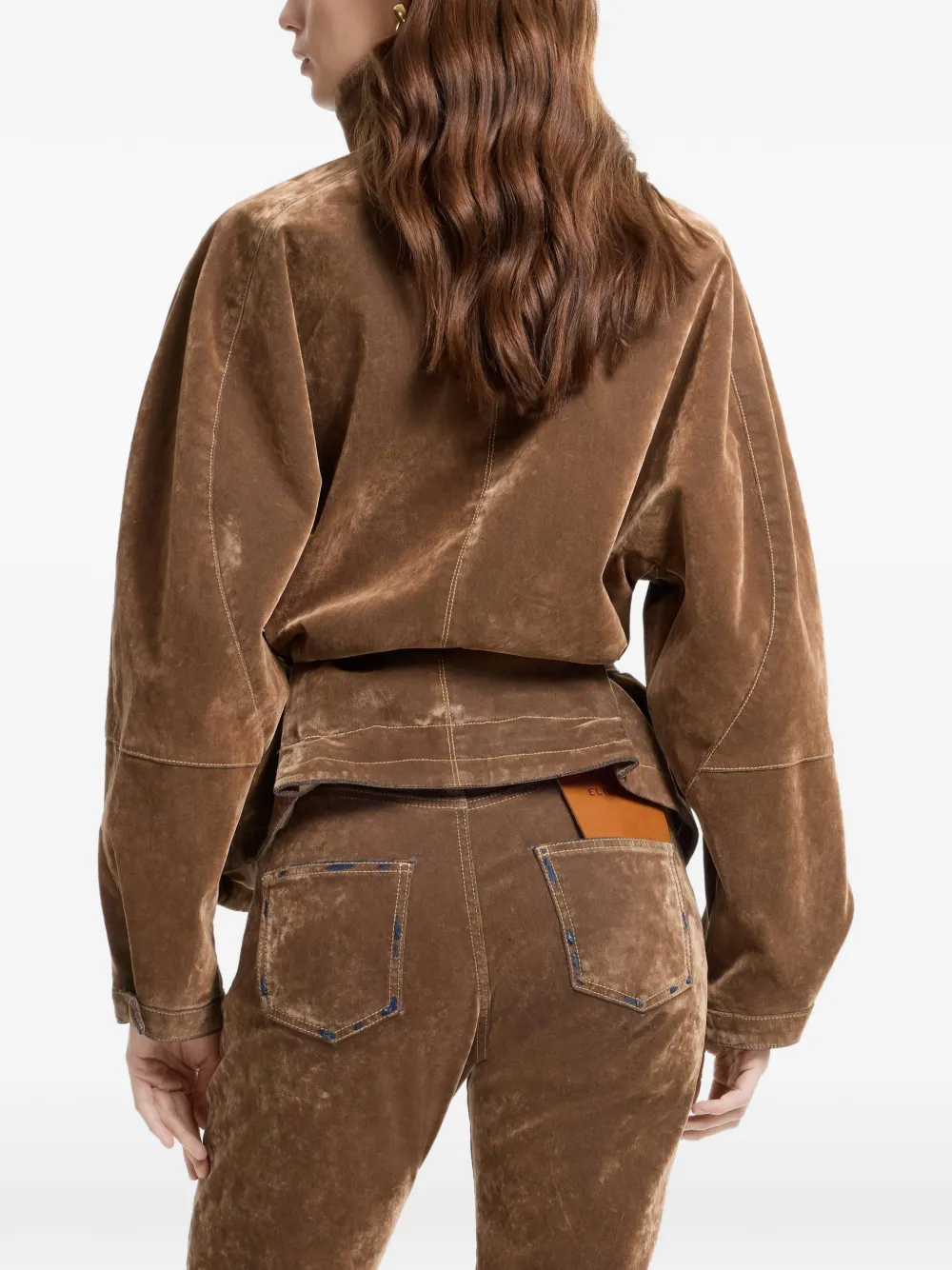 Elie Saab Flocked Belted Denim Jacket in Brown, view 4