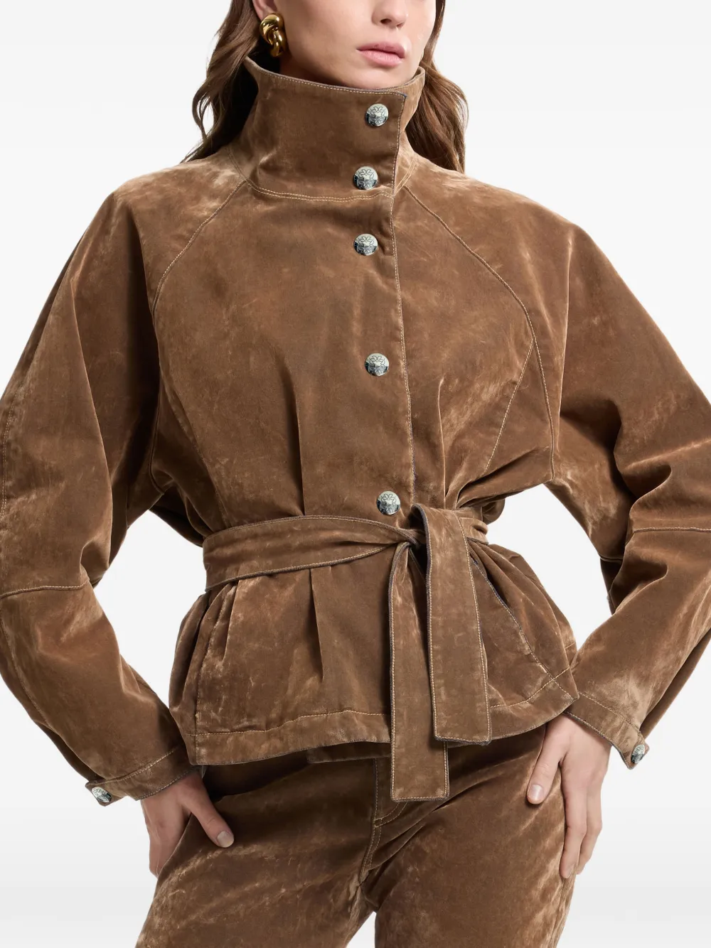 Elie Saab Flocked Belted Denim Jacket in Brown, view 2