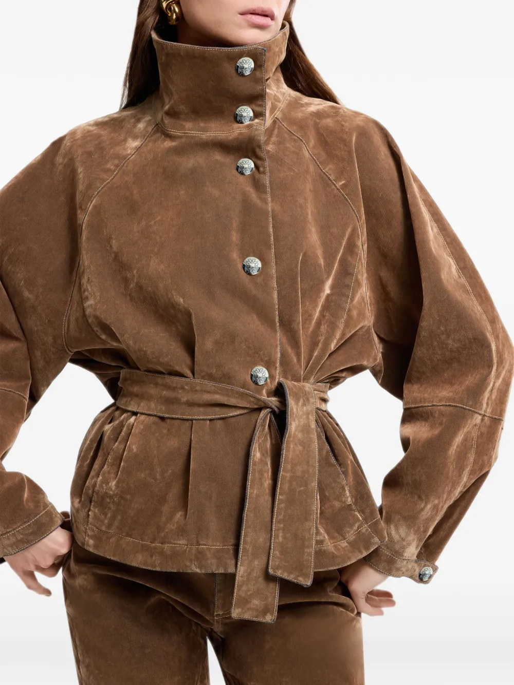 Elie Saab Flocked Belted Denim Jacket in Brown, view 3