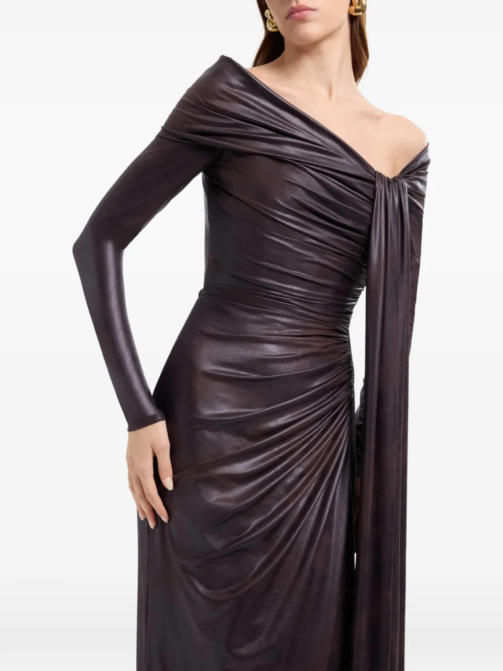 Elie Saab Off-shoulder gedrapeerde maxi-jurk Bruin