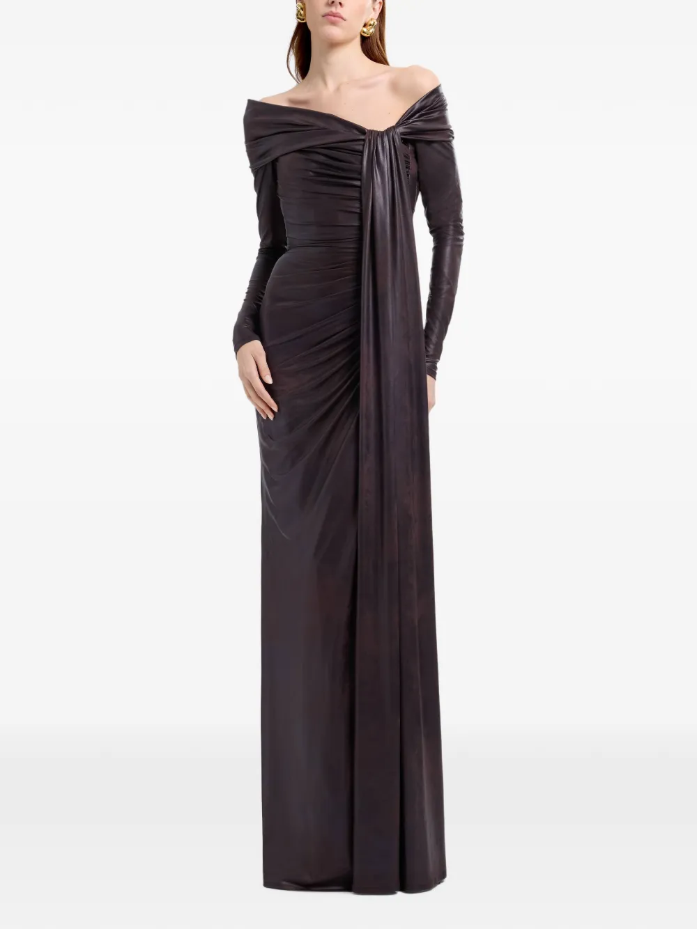 Elie Saab Off-shoulder gedrapeerde maxi-jurk Bruin