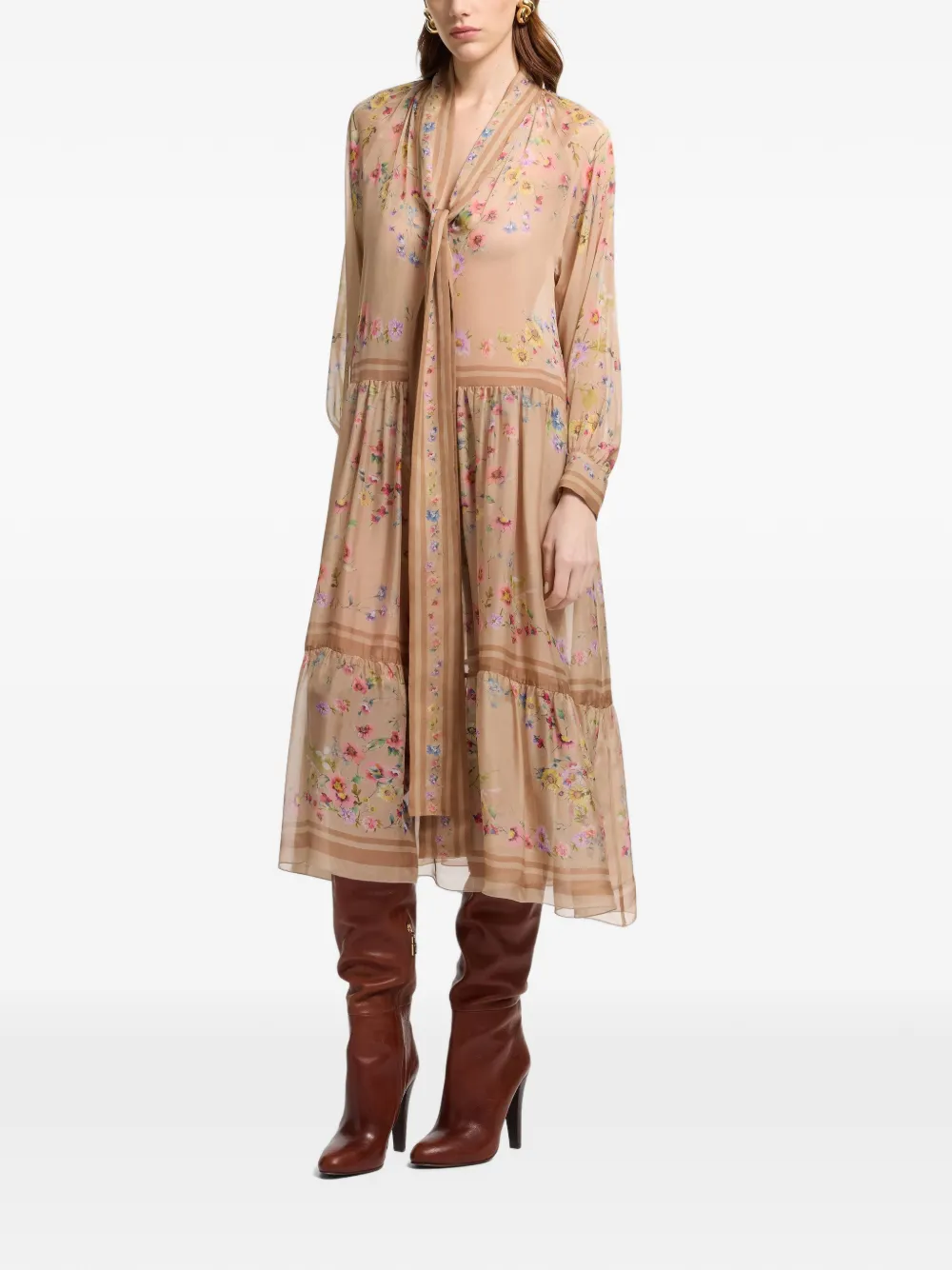 Elie Saab Midi-jurk met bloemen-print en strik Beige