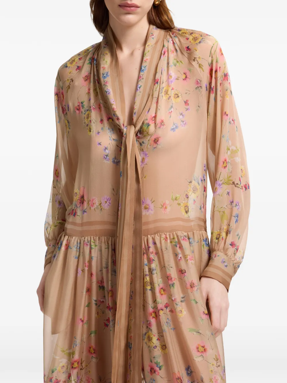 Elie Saab Midi-jurk met bloemen-print en strik Beige