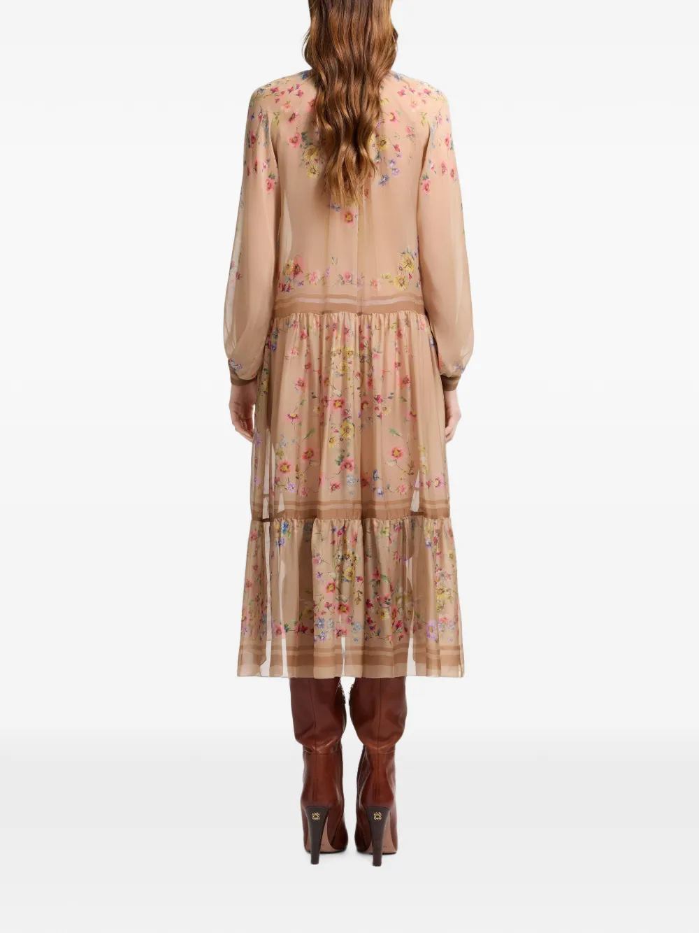 Elie Saab Midi-jurk met bloemen-print en strik Beige