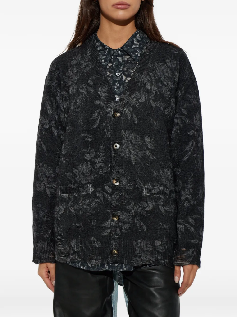 R13 Floral-motif Wool Cardigan in Black, view 3