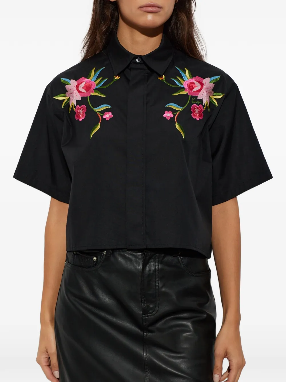 Kenzo Wildflower overhemd met geborduurde bloemen en korte mouwen Zwart
