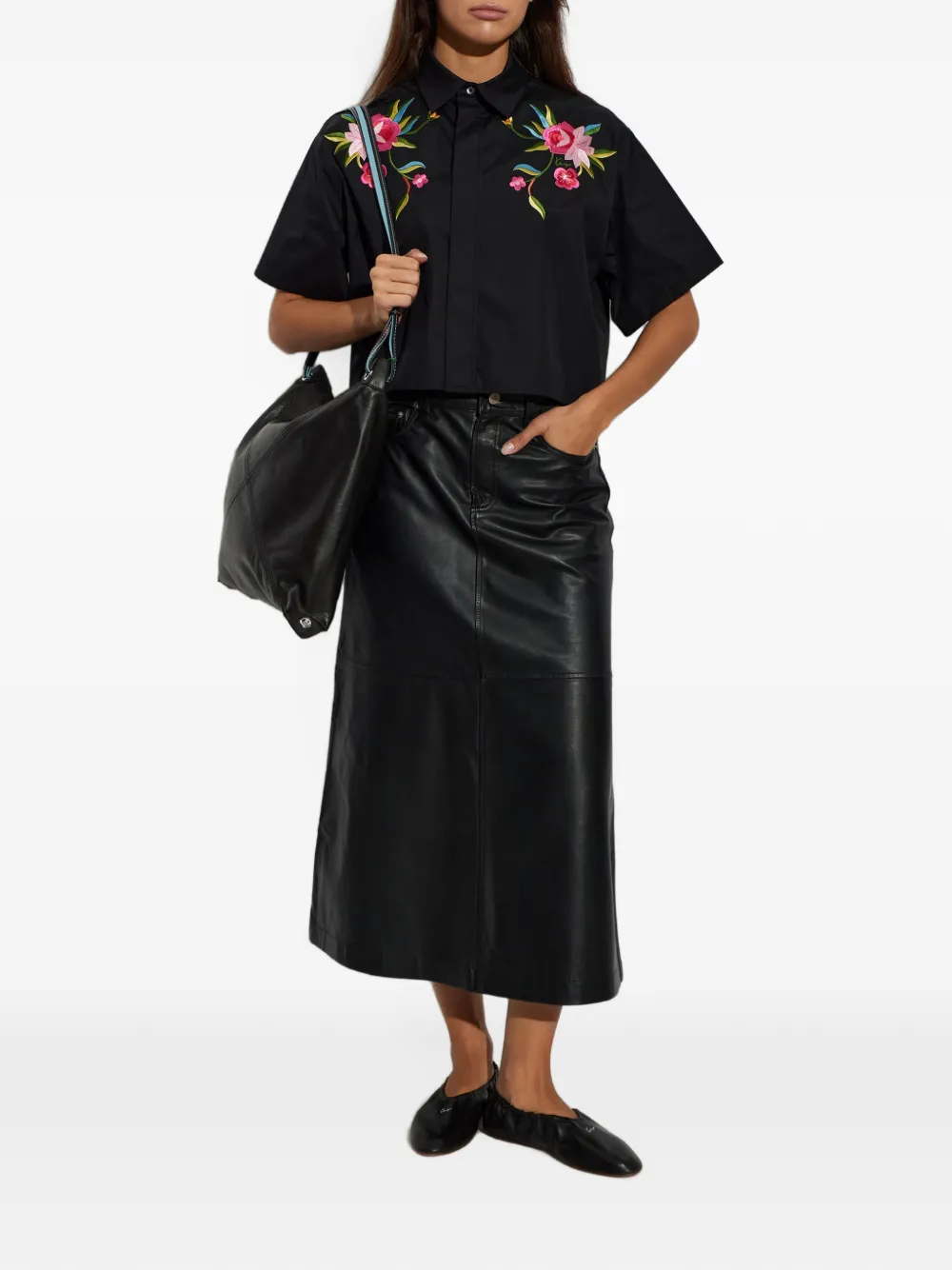 Kenzo Wildflower overhemd met geborduurde bloemen en korte mouwen Zwart