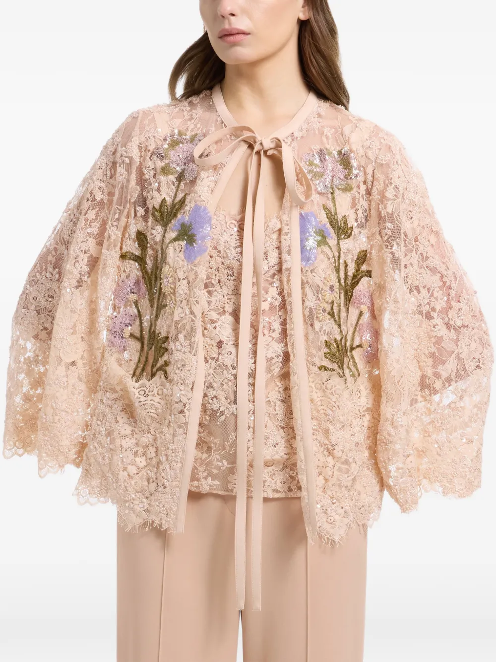 Elie Saab Jack en top met geborduurde kralen en kant Beige