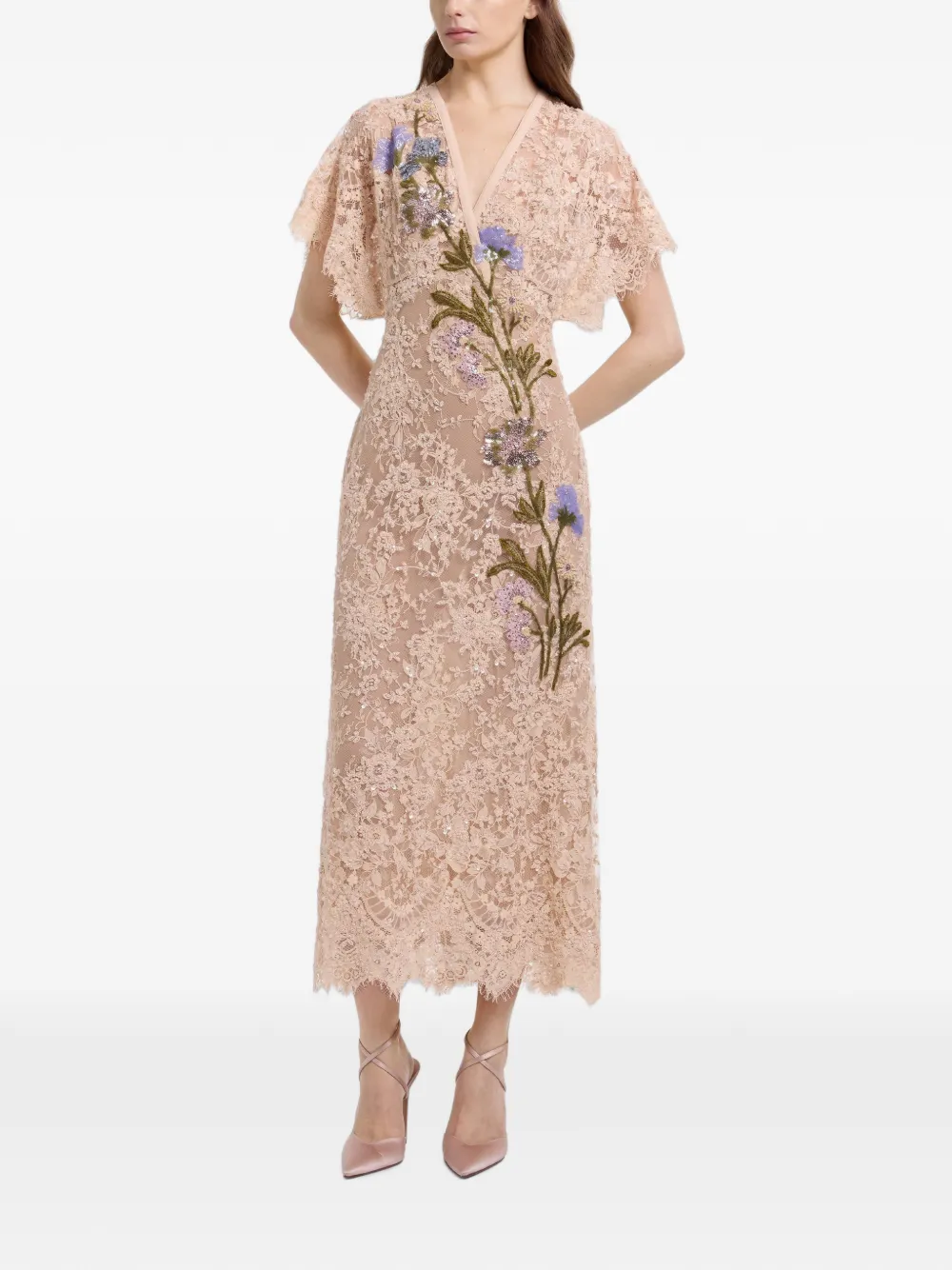 Elie Saab Kanten midi-jurk met geborduurde kralen Beige