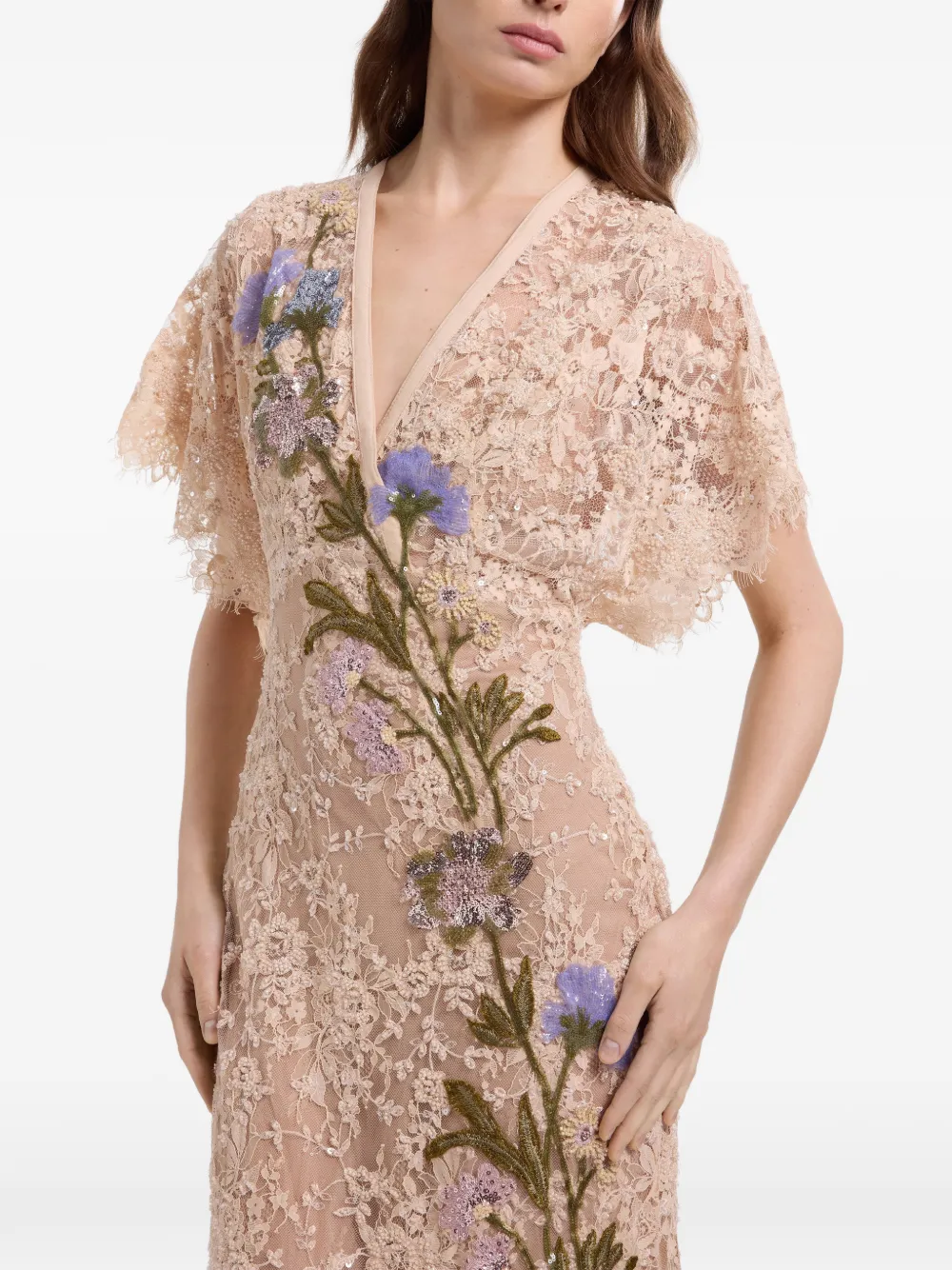 Elie Saab Kanten midi-jurk met geborduurde kralen Beige