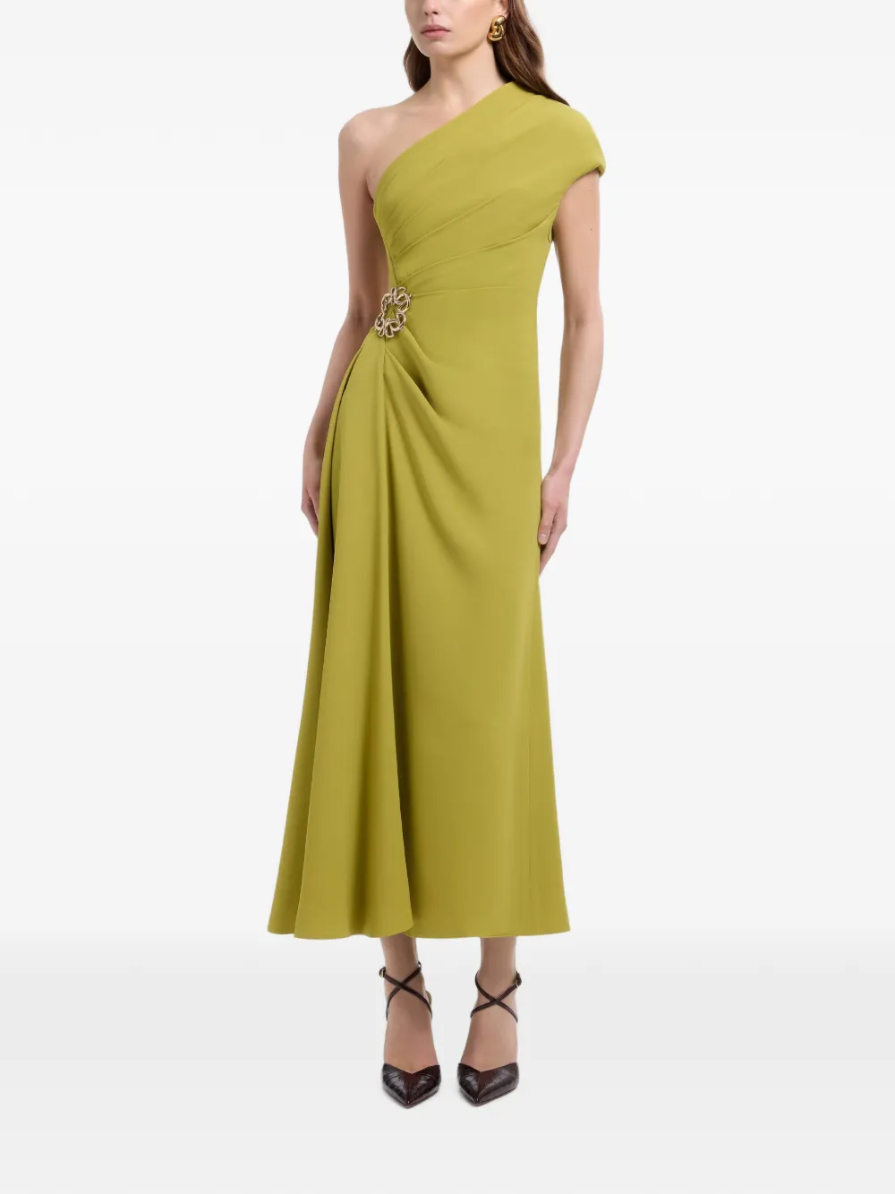 Elie Saab Asymmetrische midi-jurk met broche Groen