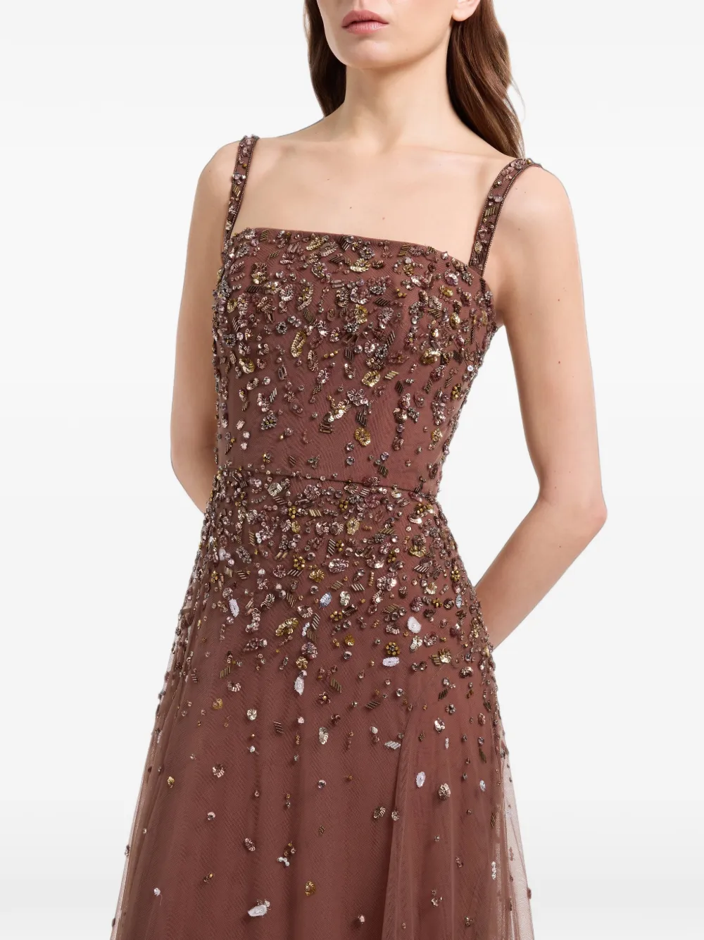 Elie Saab Maxi-jurk met geborduurde kralen Bruin