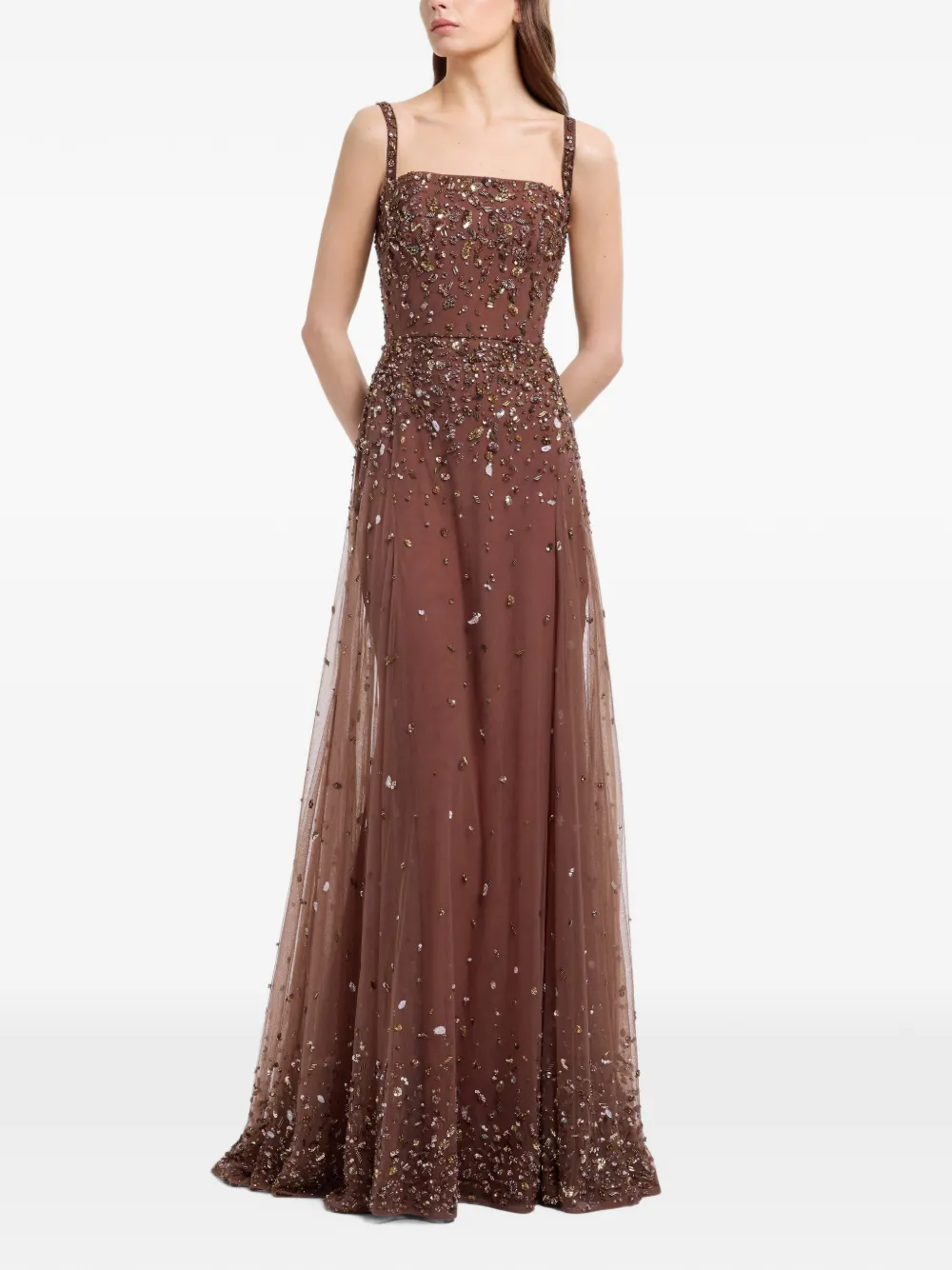 Elie Saab Maxi-jurk met geborduurde kralen Bruin