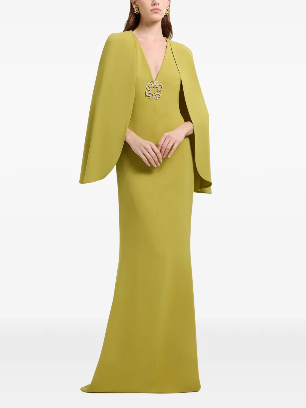 Elie Saab Maxi-jurk verfraaid met broche en cape Groen