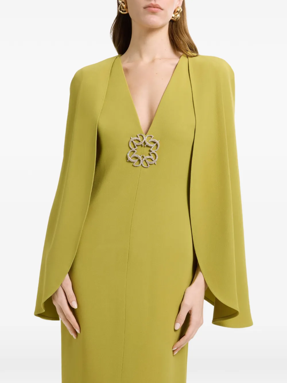 Elie Saab Maxi-jurk verfraaid met broche en cape Groen