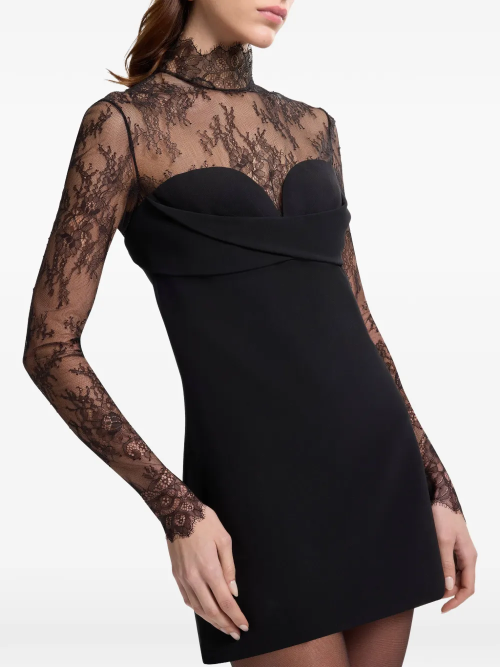 Elie Saab mini-jurk met vlakken van kant en hoge hals Zwart