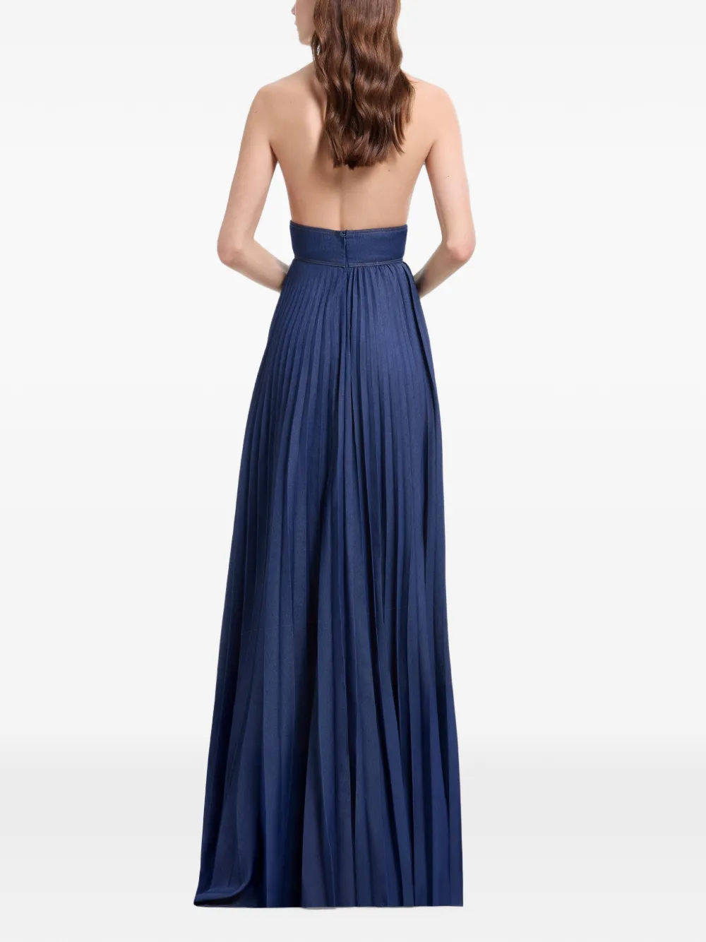 Elie Saab Geplooide denim maxi-jurk met halternek Blauw