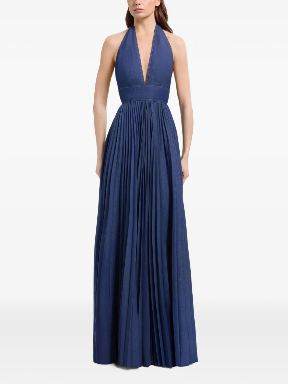 Elie Saab Geplooide denim maxi-jurk met halternek Blauw