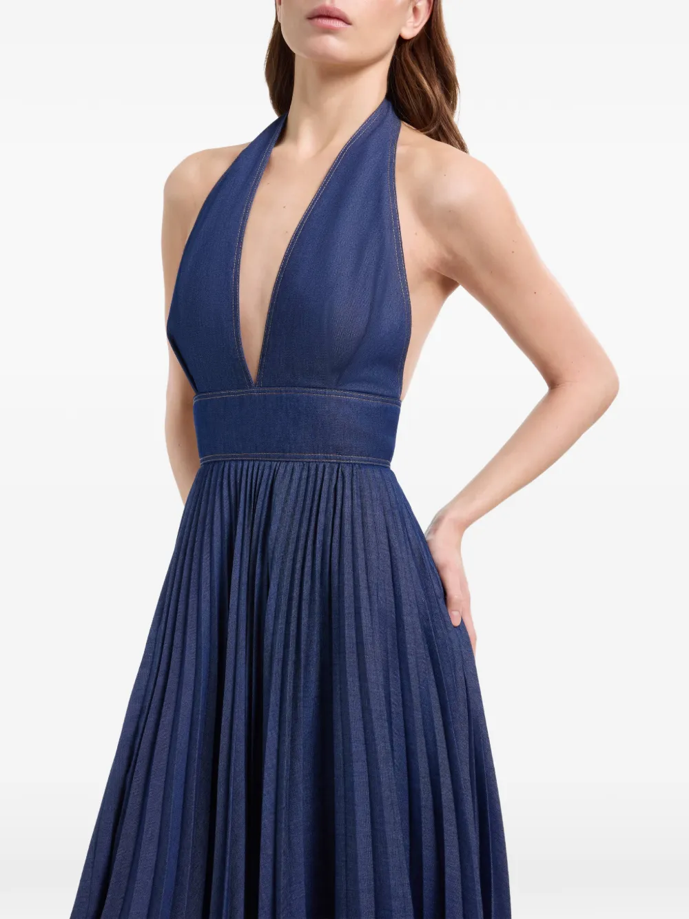 Elie Saab Geplooide denim maxi-jurk met halternek Blauw