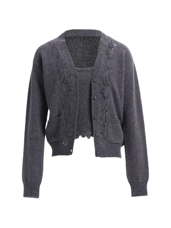 Elie Saab Lace-trim Knit Cardigan and Top Set in Grey