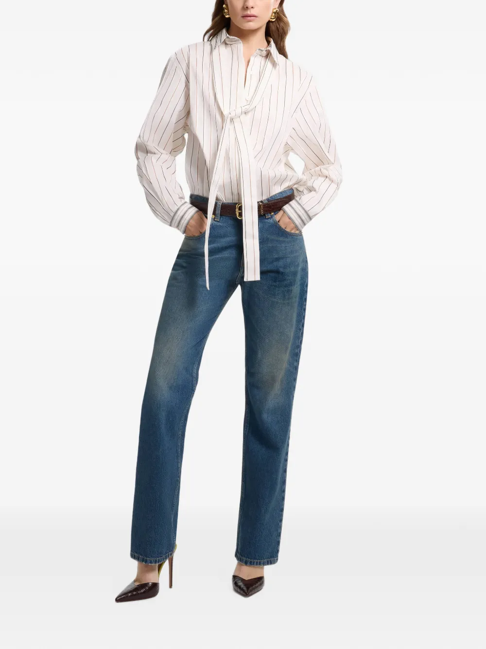 Elie Saab Gestreepte shirt met gestrikte hals Wit