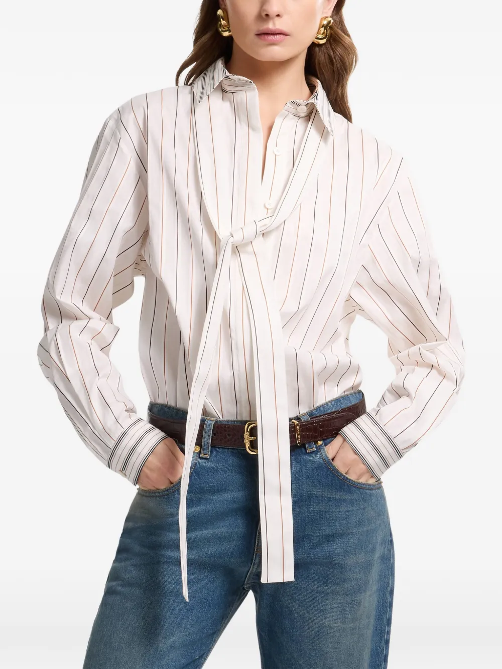 Elie Saab Gestreepte shirt met gestrikte hals Wit